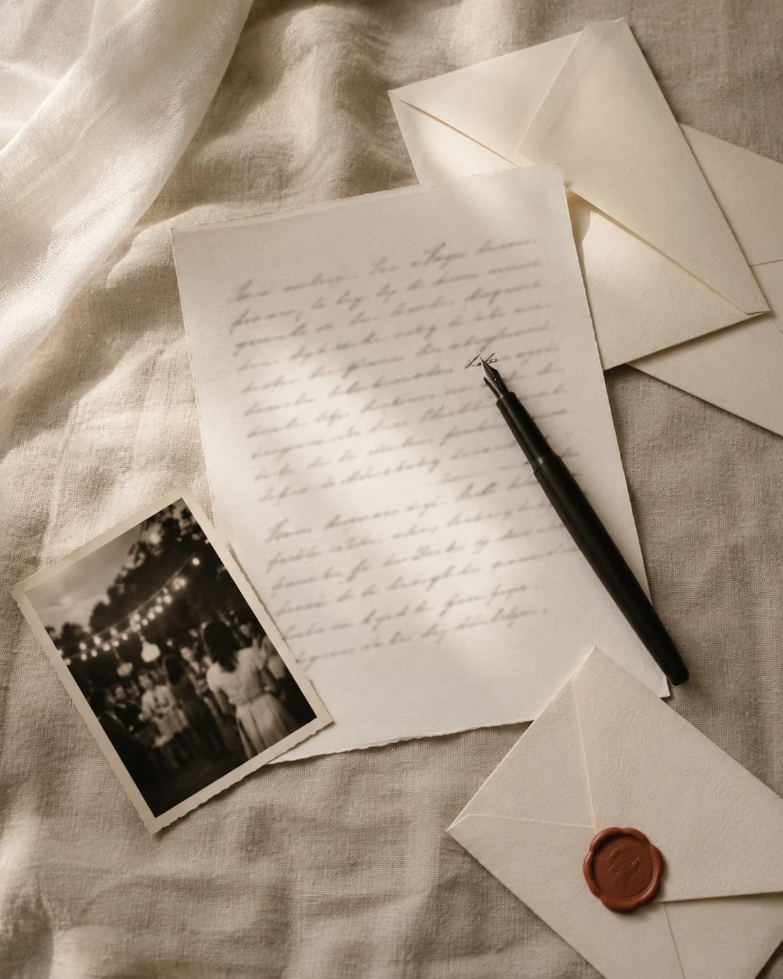 Carta escrita a mano con una fotografía y una pluma.